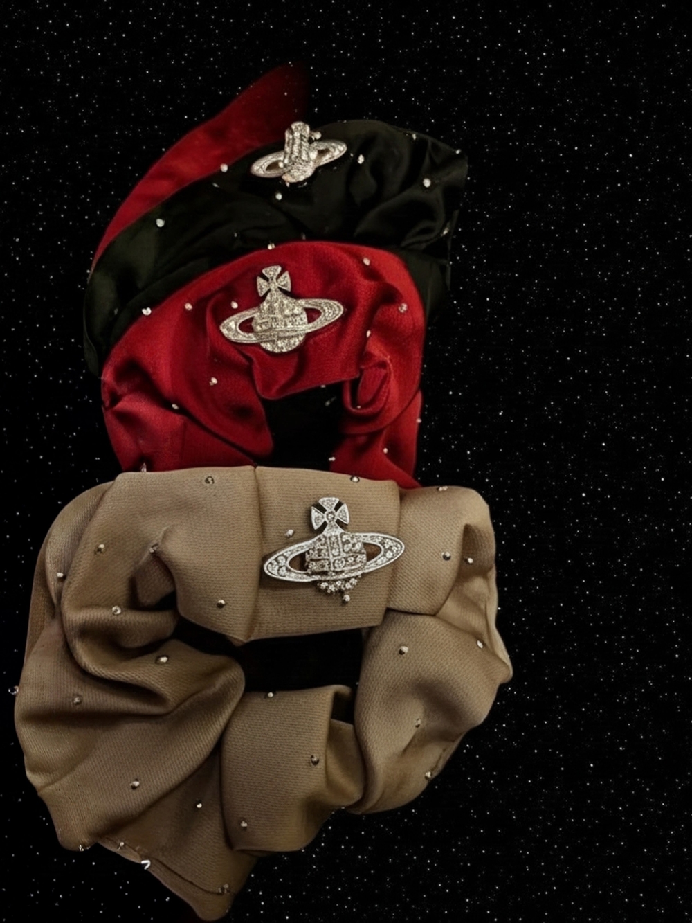 Vivienne Westwood Red Black and Beige Crystal Orb Hair Scrunchie Set